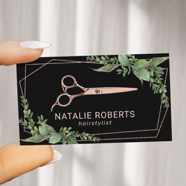 Hair Stylist Rose Gold Scissor Geometric Greenery Business Card (Creator Uploaded)