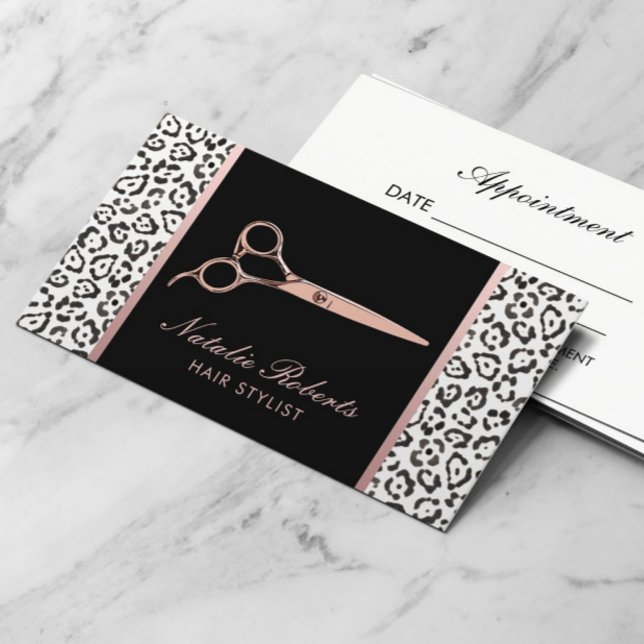 Hair Stylist Rose Gold Scissor Leopard Print Appointment Card (Creator Uploaded)