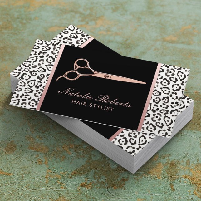 Hair Stylist Rose Gold Scissor Leopard Salon Business Card (Creator Uploaded)