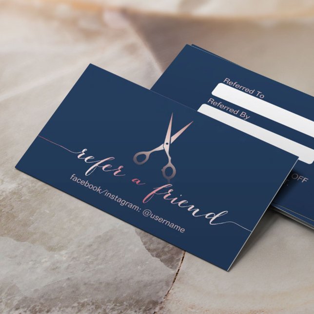 Hair Stylist Rose Gold Scissor Navy Blue Referral Card (Creator Uploaded)