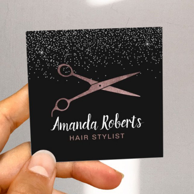 Hair Stylist Rose Gold Scissor Silver Confetti Square Business Card (Creator Uploaded)