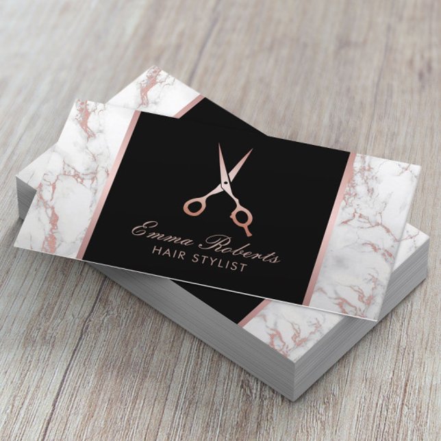 Hair Stylist Rose Gold Scissor Trendy Marble Business Card (Creator Uploaded)