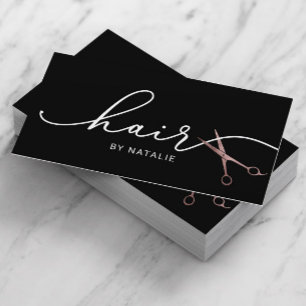 Hair Stylist Rose Gold Scissor Typography Black Business Card