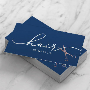 Hair Stylist Rose Gold Scissor Typography Navy Business Card