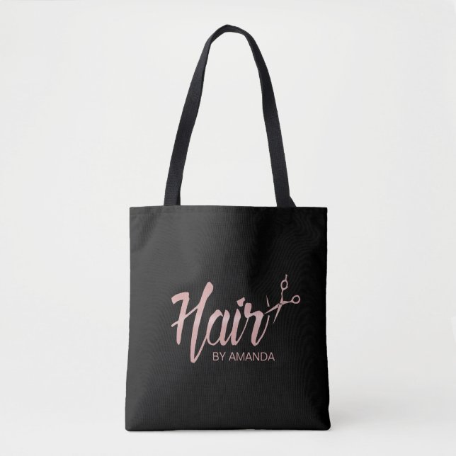 Hair Stylist Rose Gold Script Hair Salon Black Tote Bag (Front)