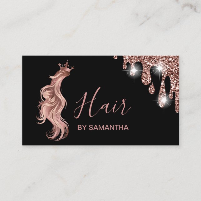 Hair stylist rose gold typography hair extension b business card (Front)