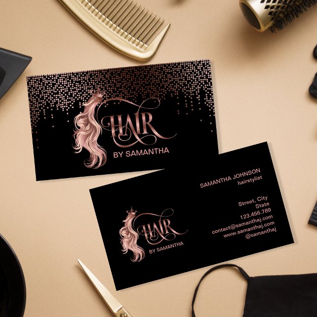 Hair stylist rose gold typography hair extension business card (Creator Uploaded)