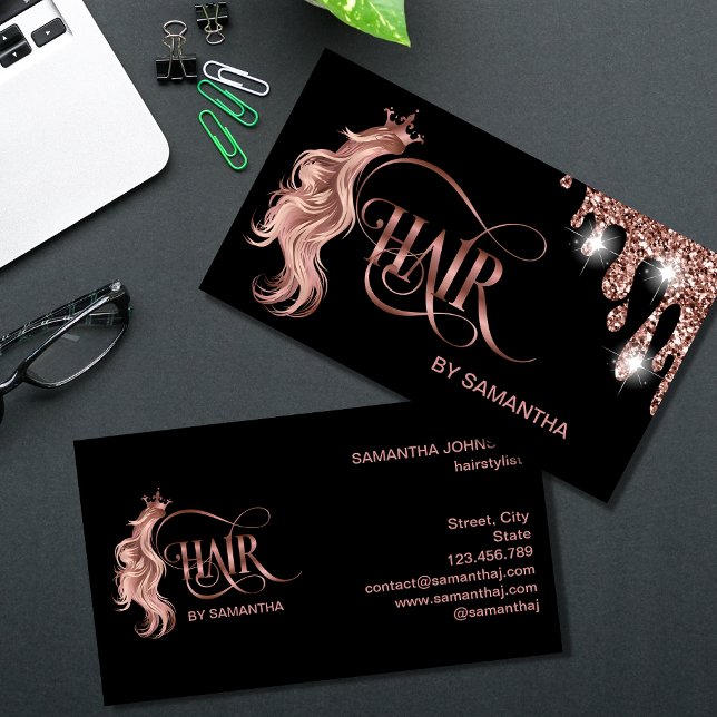 Hair stylist rose gold typography hair extension business card (Creator Uploaded)