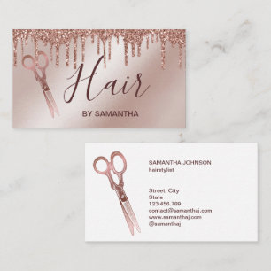 Hair stylist rose gold typography hair scissors bu business card