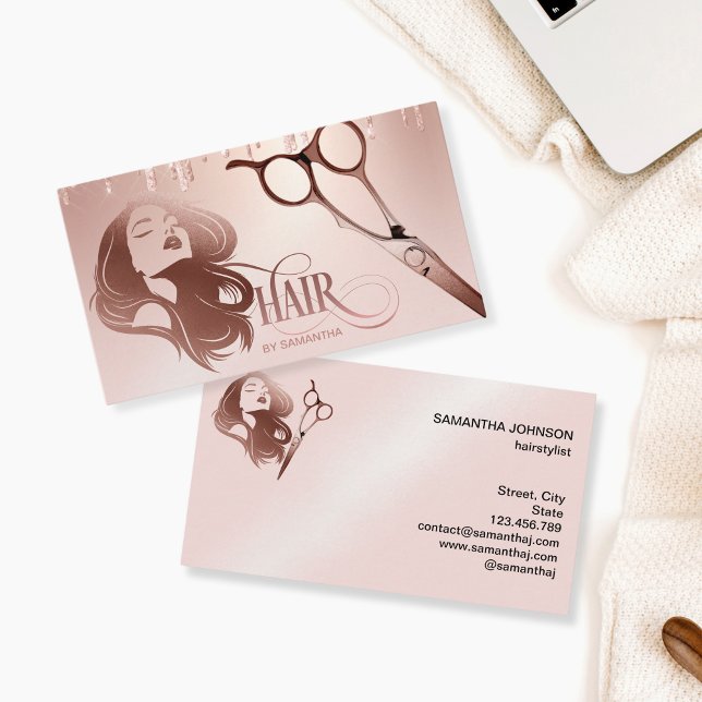 Hair stylist rose gold typography hair scissors business card (Creator Uploaded)