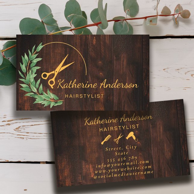 Hair Stylist Rustic Wood Greenery Gold Business Card (Hair Stylist Rustic Wood Greenery Gold Business Card)