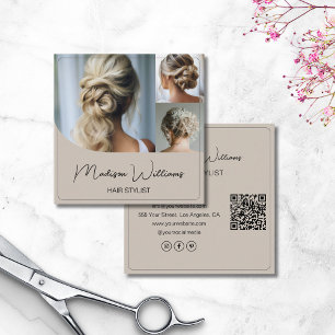 Hair Stylist Salon 3 Photos QR Code Beige Square Business Card