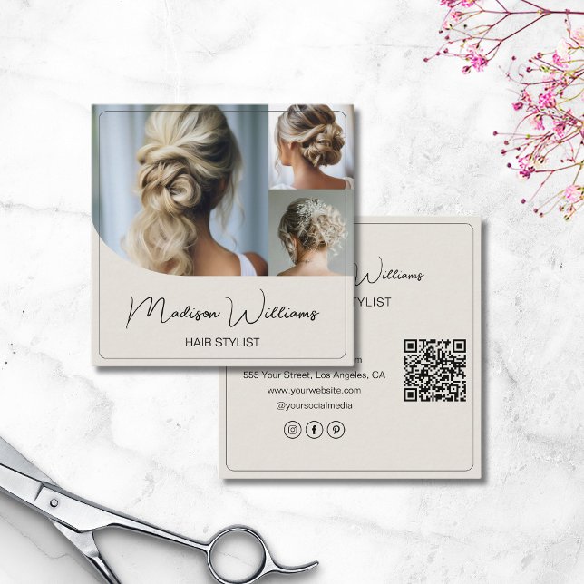 Hair Stylist Salon 3 Photos QR Code Square Business Card (Hair Stylist Salon 3 Photos QR Code Square Business Card)