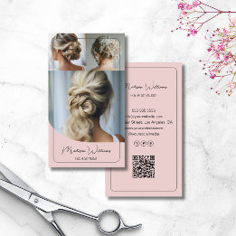 Hair Stylist Salon Custom 3 Photos QR Pink Business Card