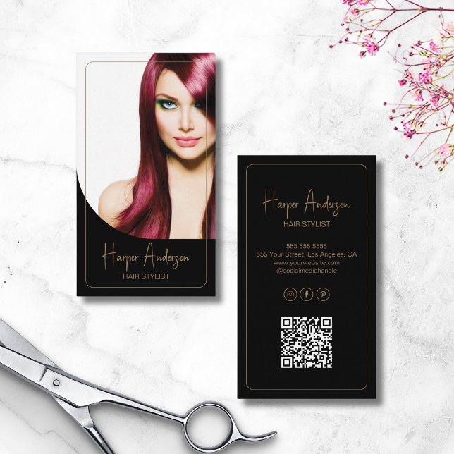 Hair Stylist Salon Custom Photo QR Black Gold Business Card (Hair Stylist Salon Custom Photo QR Black Gold Business Card)