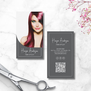 Hair Stylist Salon Custom Photo QR Gray Business Card