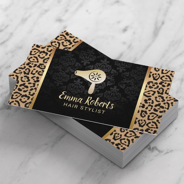Hair Stylist Salon Dryer Bar Modern Leopard Damask Business Card (Creator Uploaded)