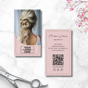 Hair Stylist Salon Logo Photo QR Code Pink Business Card