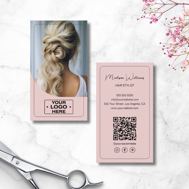 Hair Stylist Salon Logo Photo QR Code Pink Business Card (Hair Stylist Salon Logo Photo QR Code Pink Business Card)