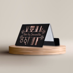 Hair Stylist Salon Personalised Scissors Rose Gold Desk Business Card Holder