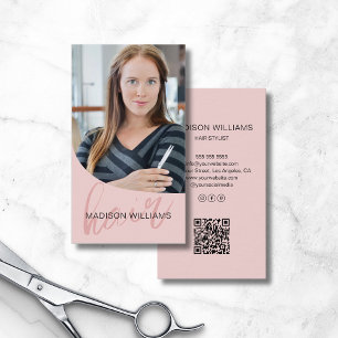 Hair Stylist Salon Photo QR Pink Business Card
