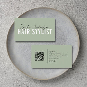 Hair Stylist Salon Sage Green QR Code Business Card