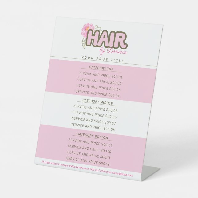 Hair stylist salon service price list template pedestal sign (Front)