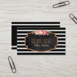 Hair Stylist Salon Stripes Rose Gold Pink Floral Business Card