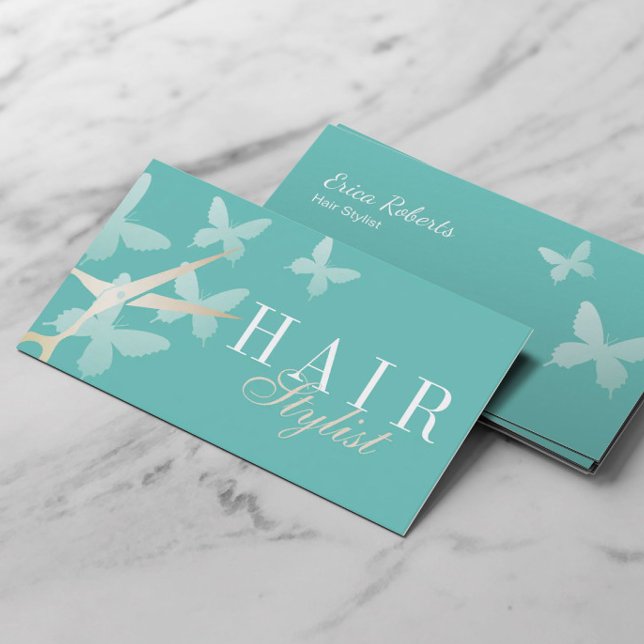 Hair Stylist Scissor & Butterflies Light Teal Business Card (Creator Uploaded)