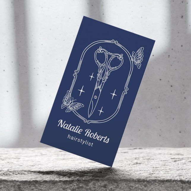 Hair Stylist Scissor & Butterfly Navy Blue Salon Business Card (Creator Uploaded)