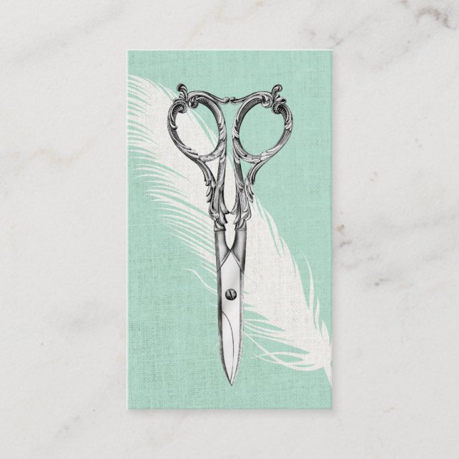 Hair Stylist Scissor & Feather Classy Linen Modern Business Card (Front)