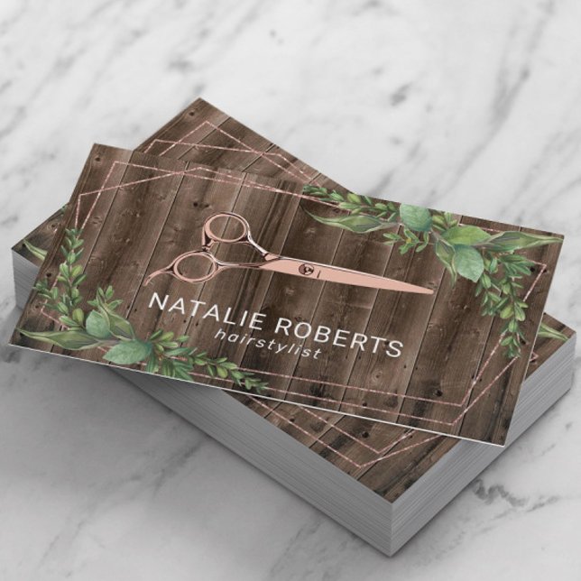 Hair Stylist Scissor Geometric Greenery Wood Business Card (Creator Uploaded)