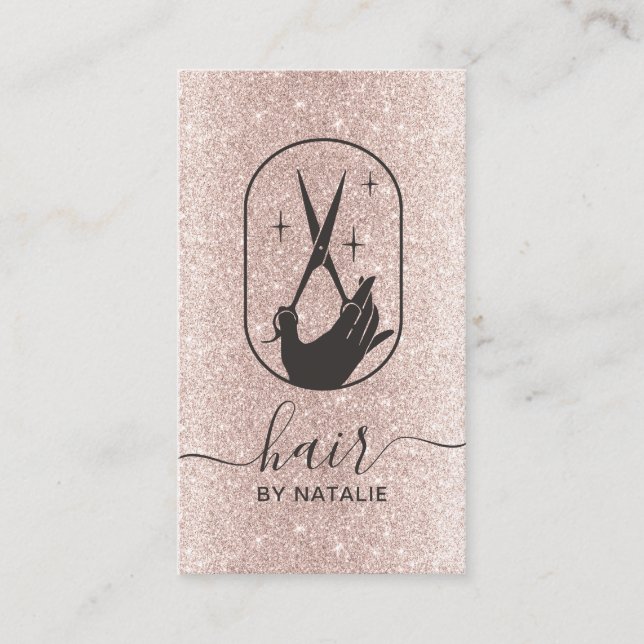 Hair Stylist Scissor & Hand Logo Blush Rose Gold Business Card (Front)