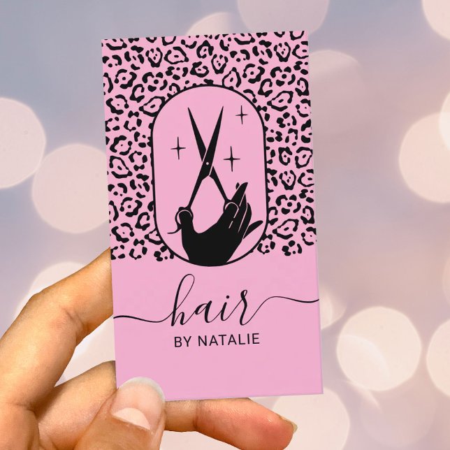 Hair Stylist Scissor & Hand Logo Chic Pink Leopard Business Card (Creator Uploaded)