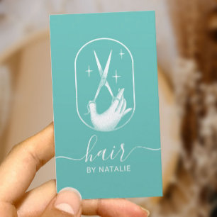 Hair Stylist Scissor & Hand Logo Light Teal Business Card