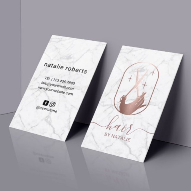 Hair Stylist Scissor Hand Logo Marble Hairstylist Business Card (Creator Uploaded)