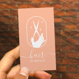 Hair Stylist Scissor & Hand Logo Salon Cute Peach Business Card