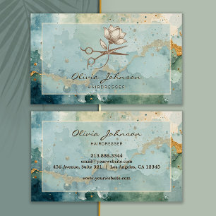 Hair Stylist Scissor Marble Green Gold Glitter     Business Card