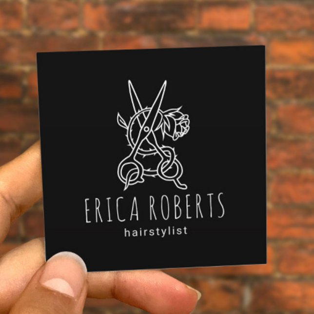 Hair Stylist Scissor Rose Logo Black Beauty Salon Square Business Card (Creator Uploaded)