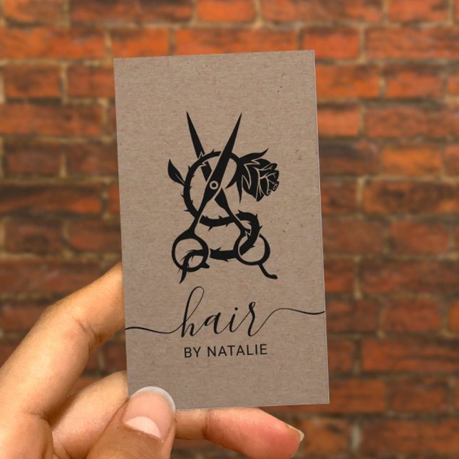 Hair Stylist Scissor & Rose Logo Rustic Kraft Business Card (Creator Uploaded)