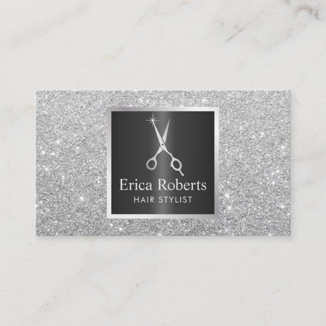 Hair Stylist Scissor Trendy Silver Glitter Salon Business Card (Front)