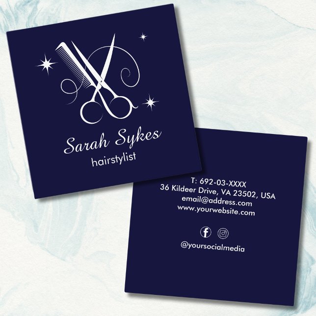 Hair Stylist Scissors Barber Navy Blue Custom   Square Business Card (Creator Uploaded)