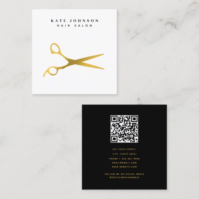 Hair Stylist Scissors Barber QR Code Black & Gold Square Business Card (Front/Back)