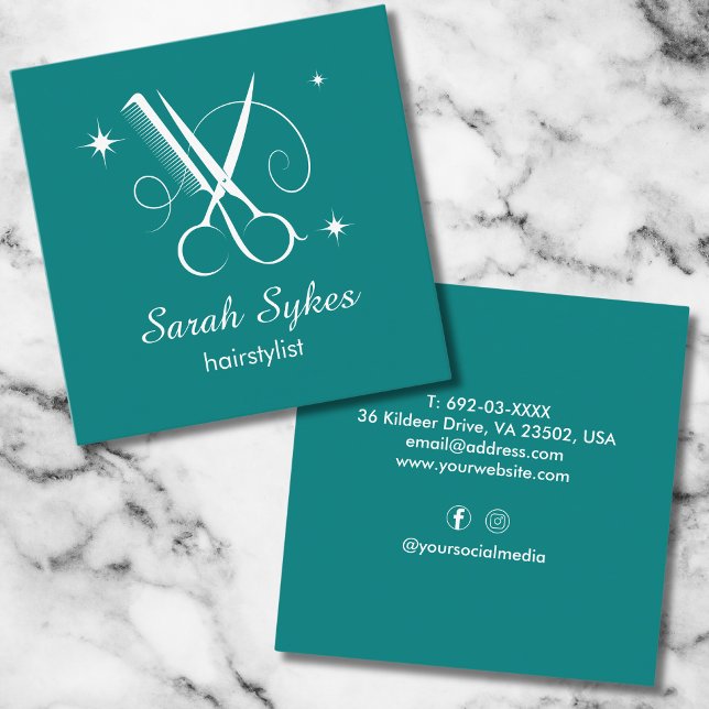 Hair Stylist Scissors Barber Teal Custom Square Business Card (Creator Uploaded)