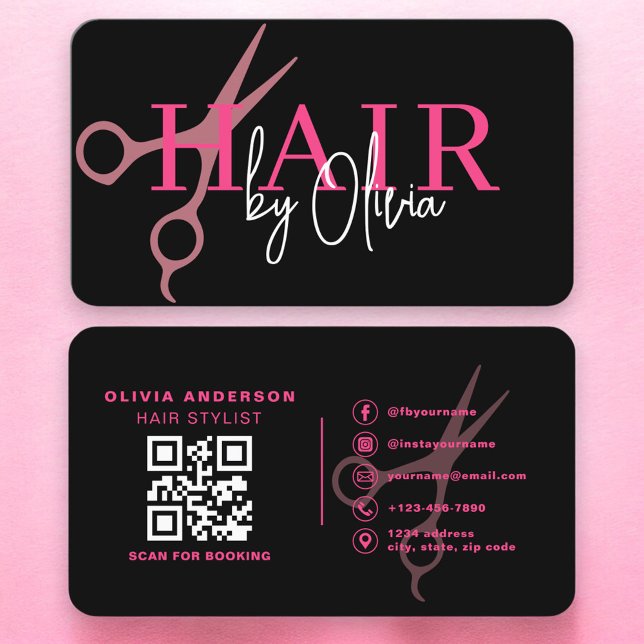 Hair Stylist Scissors Black Pink QR Code  Business Card (Creator Uploaded)