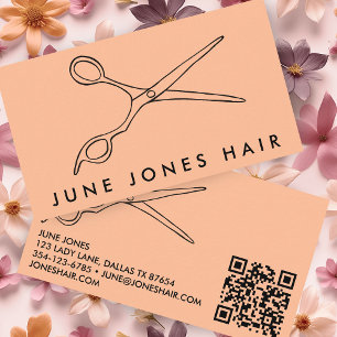 Hair Stylist Scissors Chic Barber QR Code Peach Business Card
