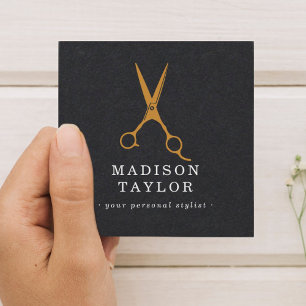 Hair Stylist Scissors Chic Drawing Gold & Black Square Business Card