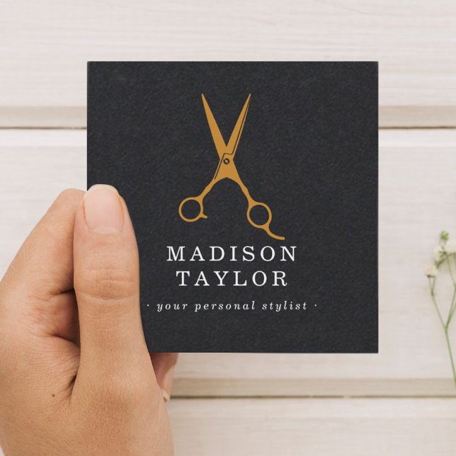 Hair Stylist Scissors Chic Drawing Gold & Black Square Business Card (Creator Uploaded)
