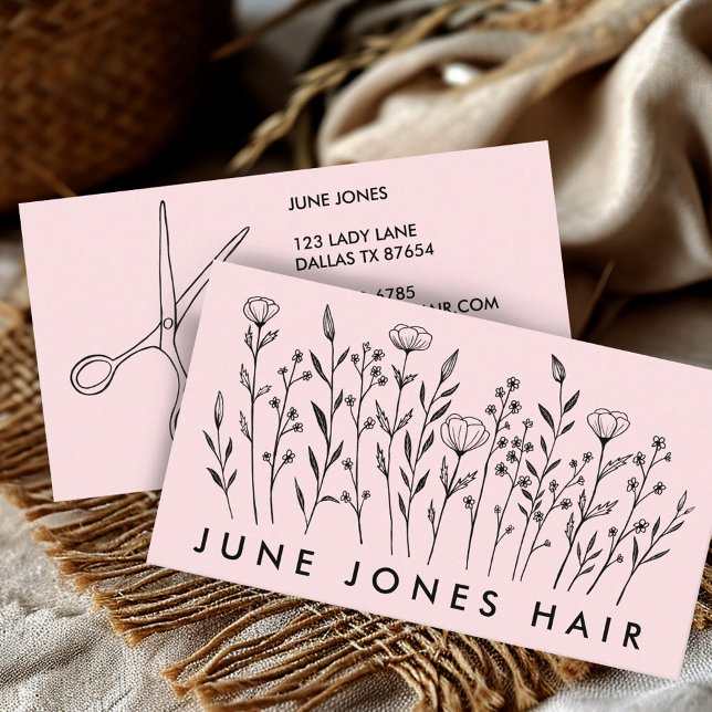 Hair Stylist Scissors Elegant Wildflowers Blush  Business Card (Hair Stylist Scissors Elegant Wildflowers Blush Business Card Line Art Social Media Icons)