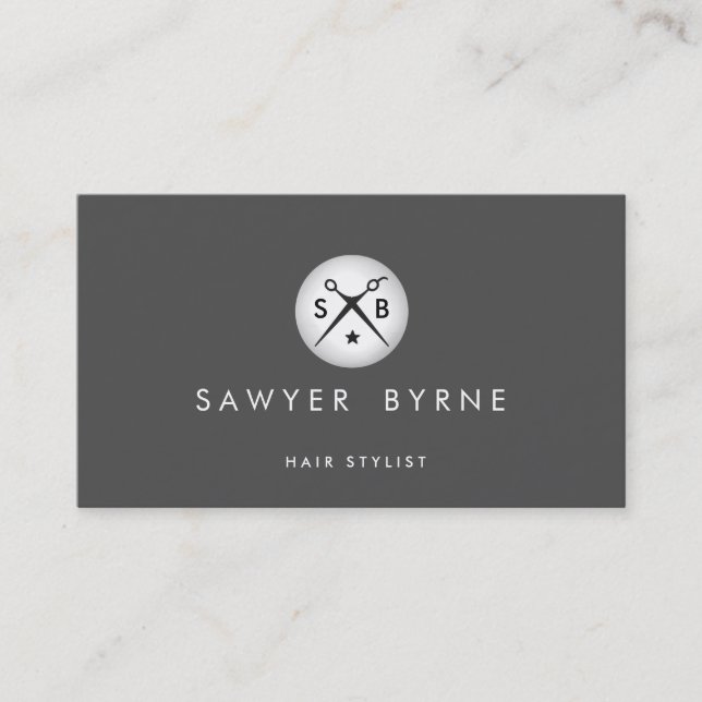 Hair Stylist Scissors Logo Silver and Grey Business Card (Front)